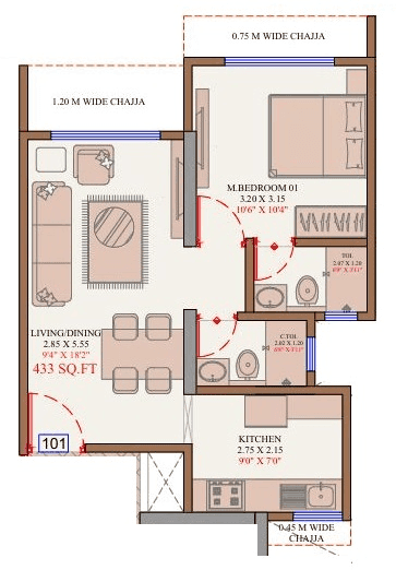 Adityaraj Park Unit plan - 433 sq.ft.