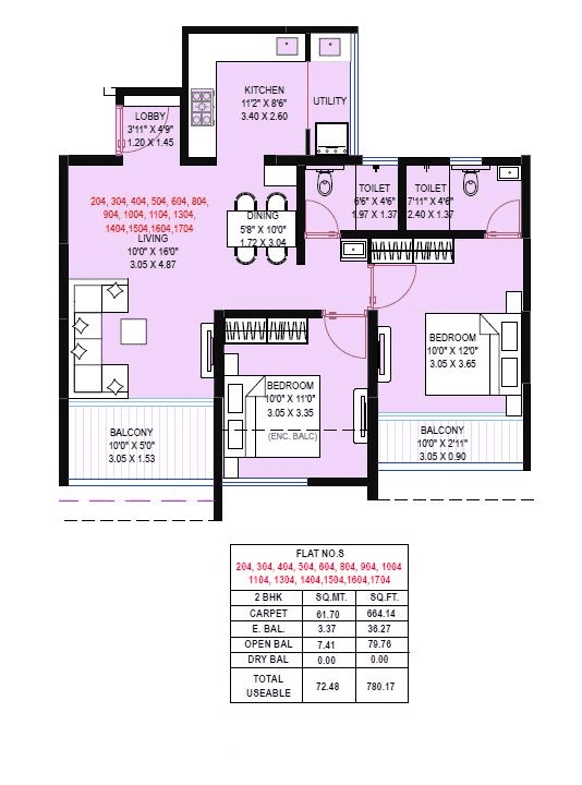 Prithvi Paradise Nxt Unit plan - 780 sq.ft.