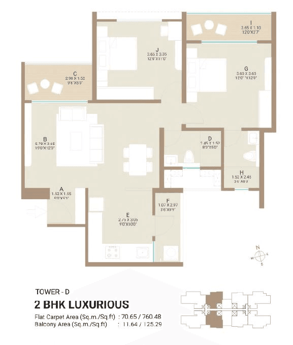 Kolte Patil Qrious Unit plan - 887 sq.ft.