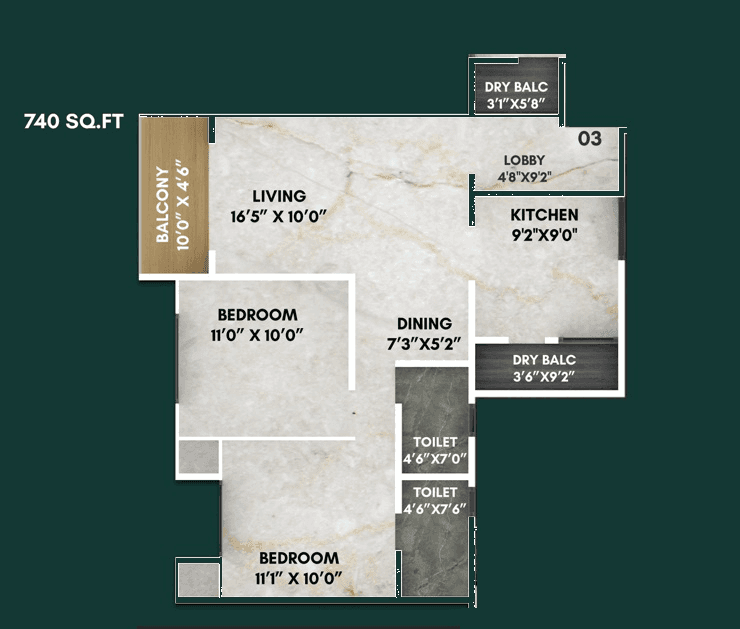 Lotus Yojangandha Unit plan - 740 sq.ft.