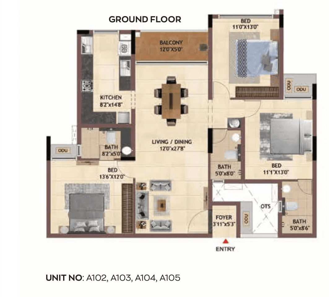 Casagrand Regal Unit plan - 1123 sq.ft.