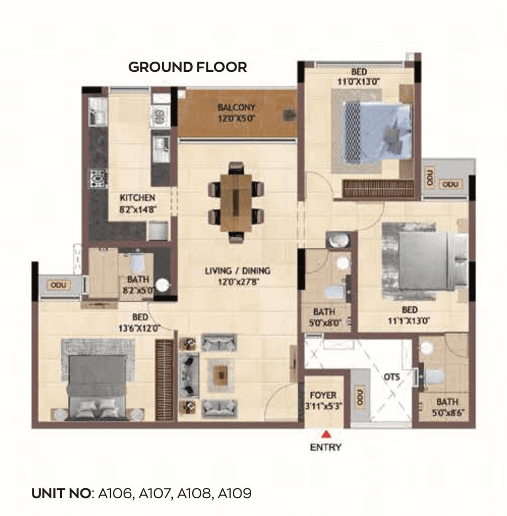 Casagrand Regal Unit plan - 1123 sq.ft.