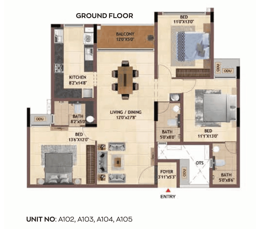 Casagrand Regal Unit plan - 1129 sq.ft.