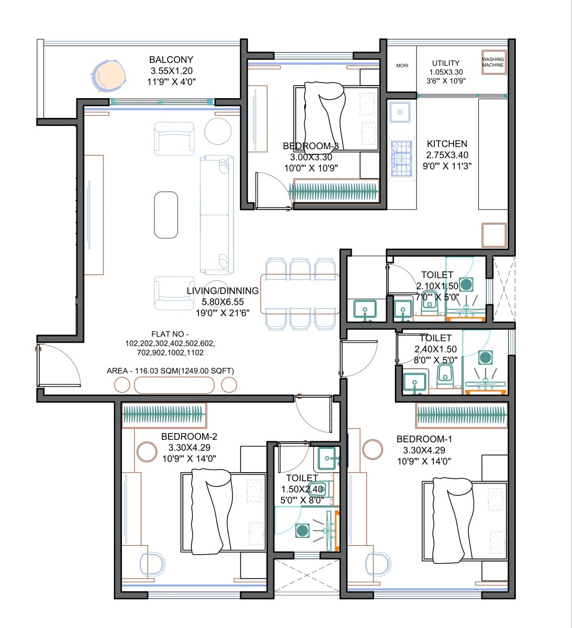 Balwadkar Marqis Unit plan - 1249 sq.ft.