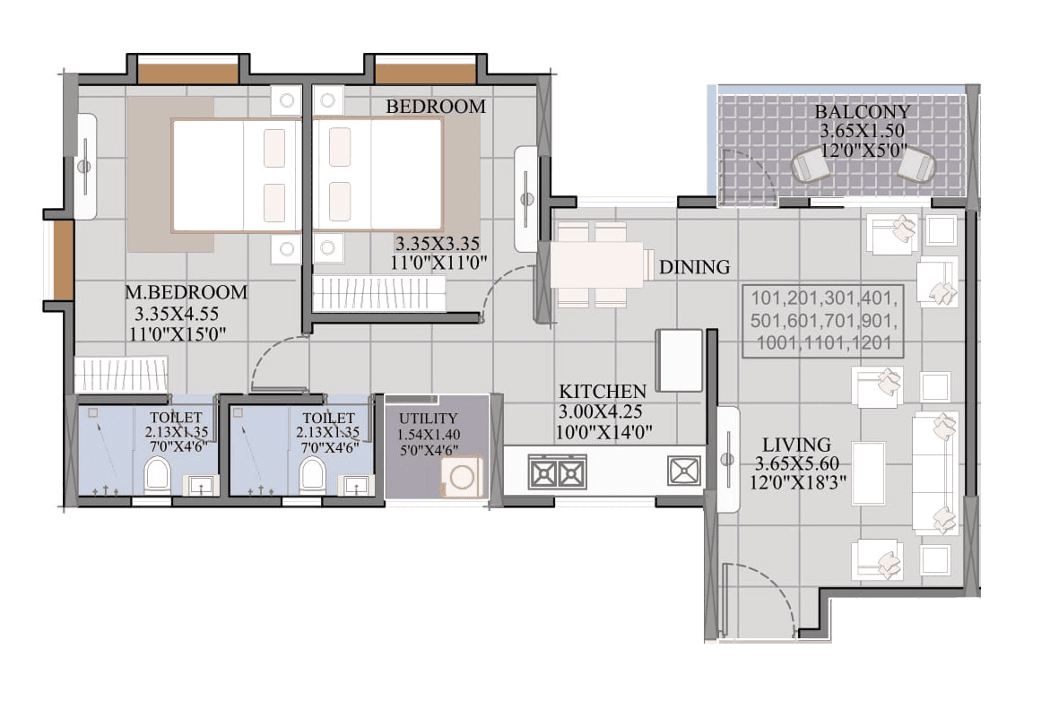 Kodre Blossom Park Unit plan - 847 sq.ft.