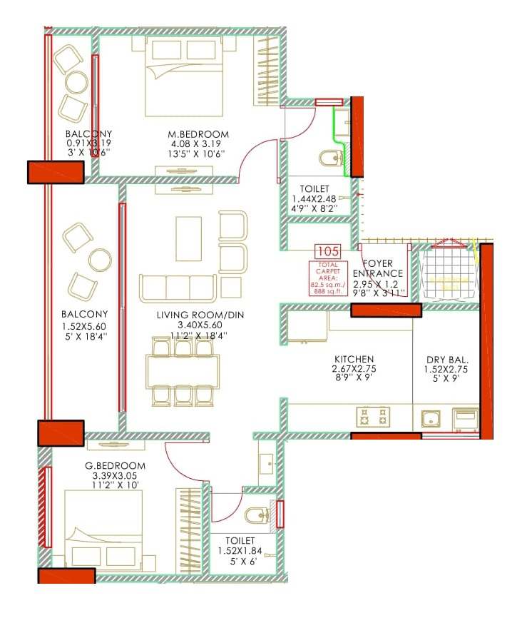 Saffron Amber Unit plan - 888 sq.ft.