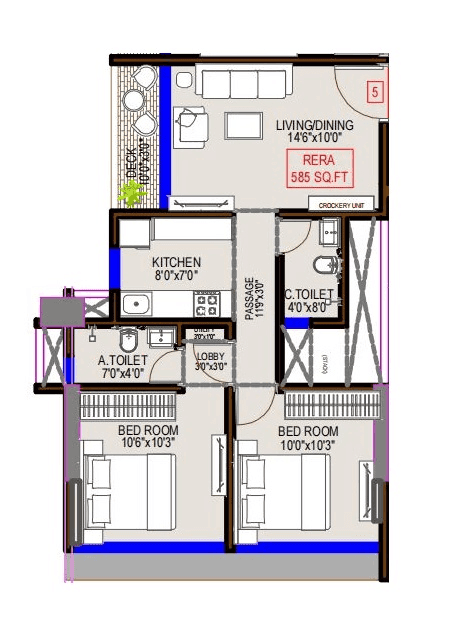 DGS Sheetal Saket Unit plan - 585 sq.ft.