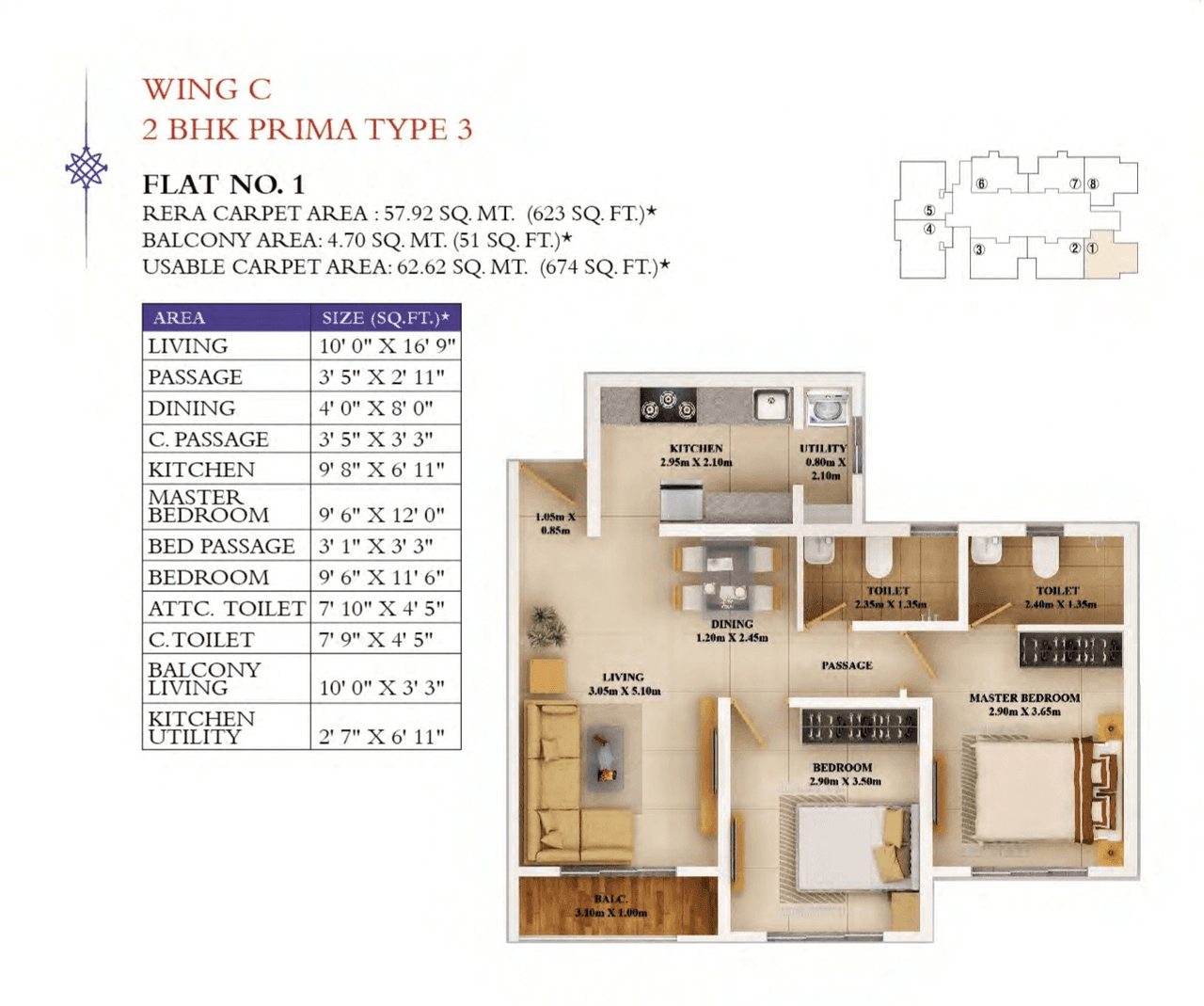 Dosti Tulip Unit plan - 674 sq.ft.
