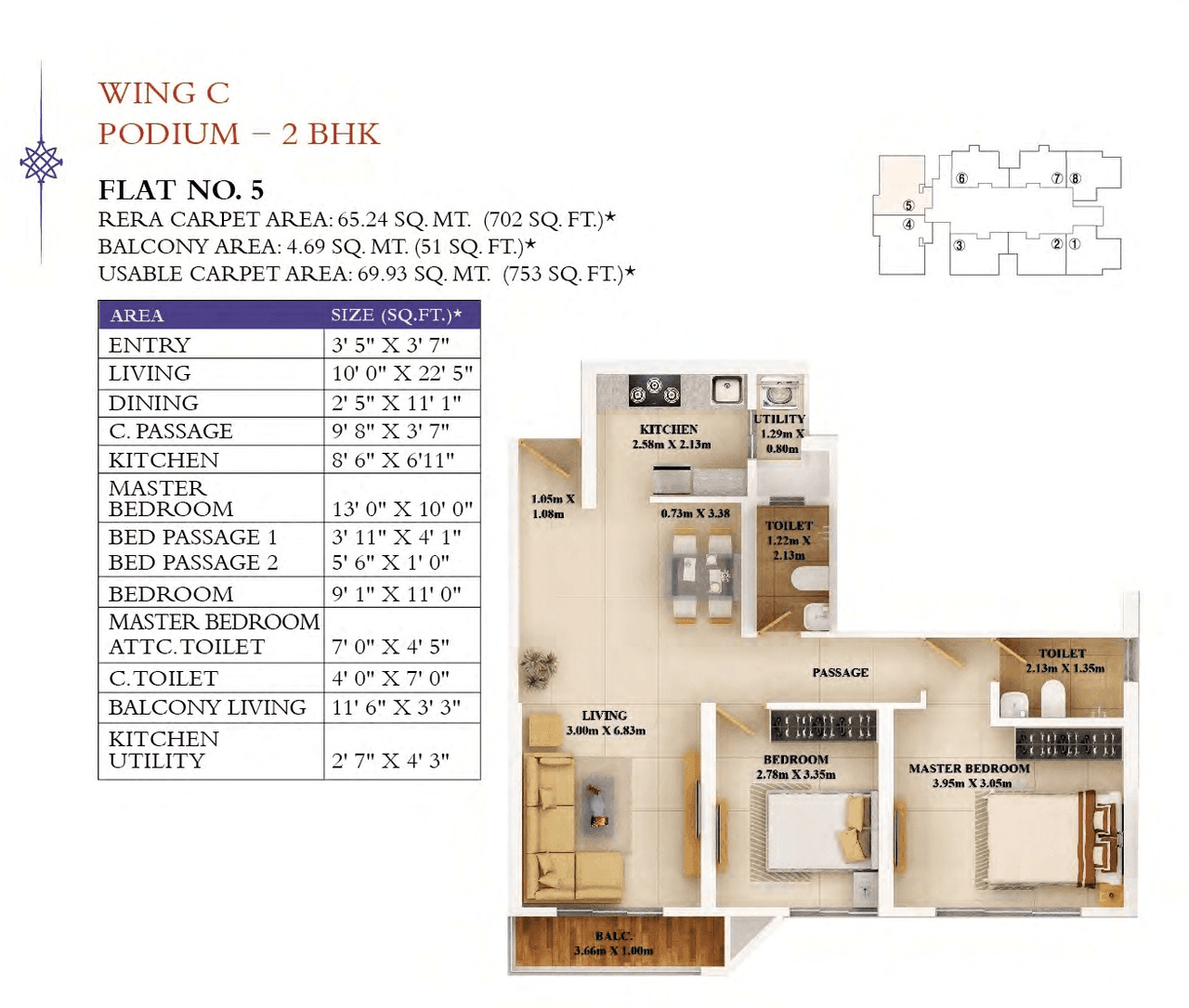 Dosti Tulip Unit plan - 753 sq.ft.