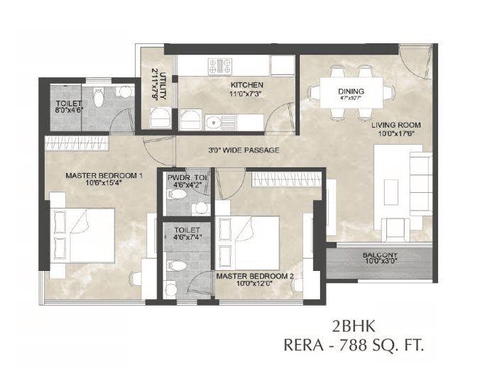 Kaustubh Breeze 91 Unit plan - 788 sq.ft.