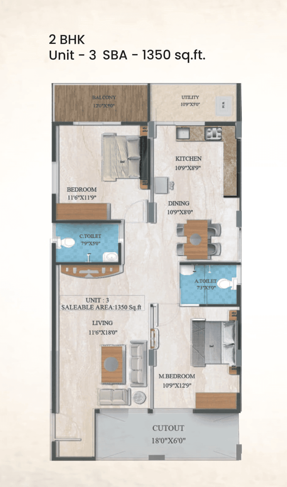Navakruthi Garden Bay Unit plan - 877 sq.ft.