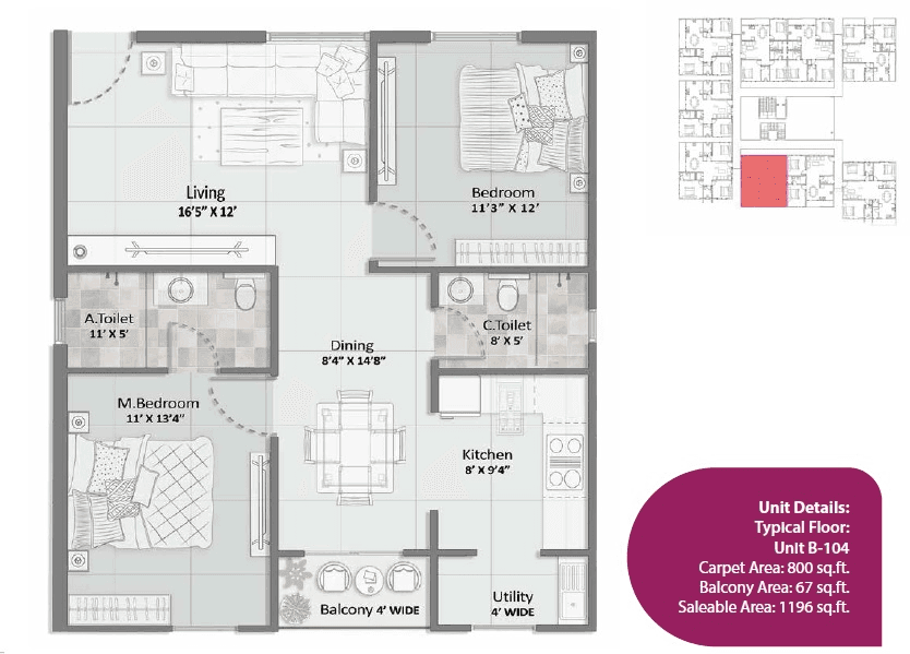 Elegant Aura Unit plan - 861 sq.ft.