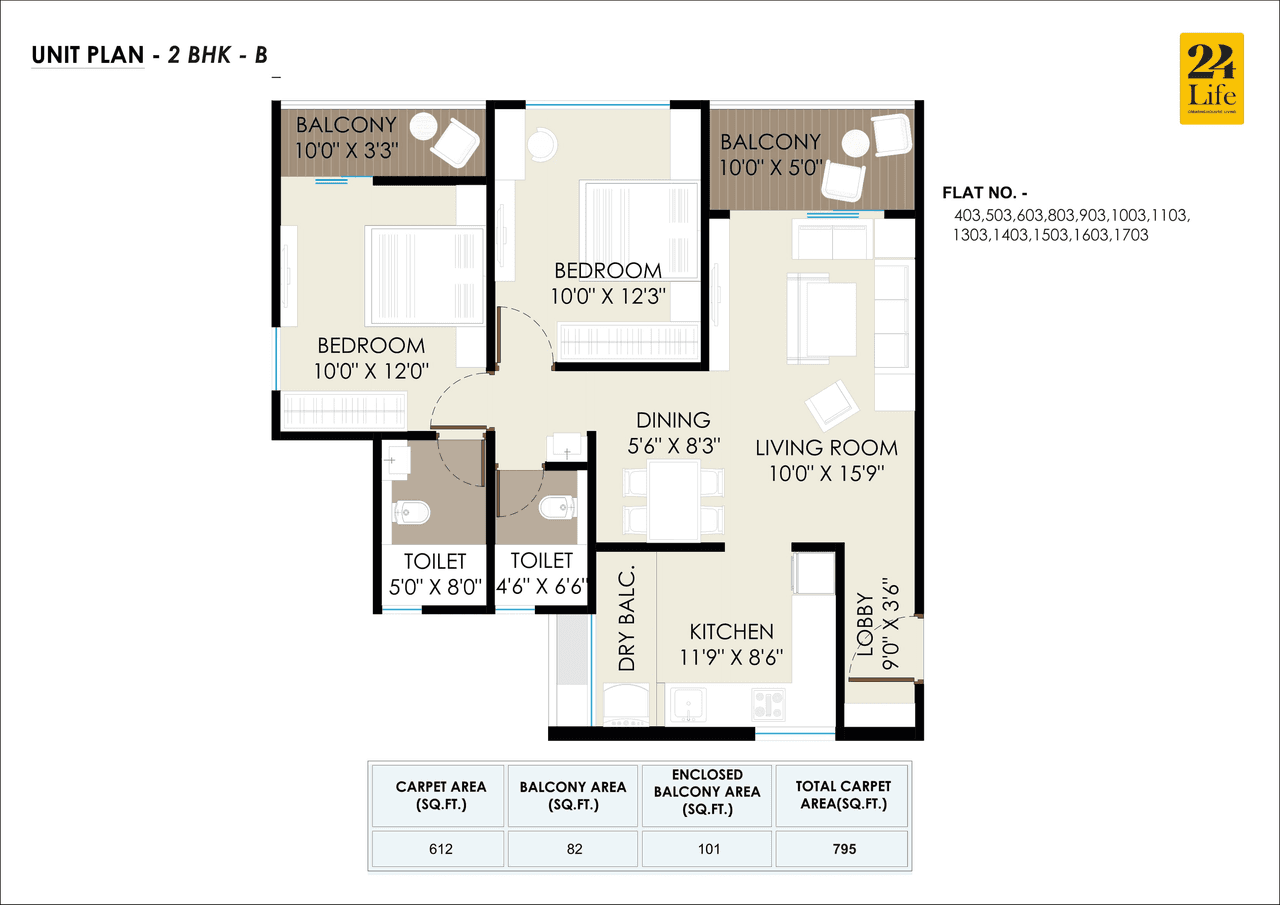 Kshitej 24Life Altaa Unit plan - 795 sq.ft.
