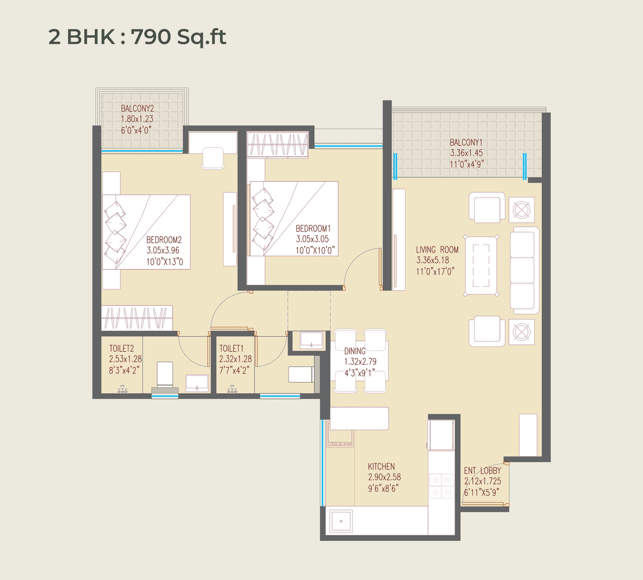 Sonai Clara Unit plan - 790 sq.ft.
