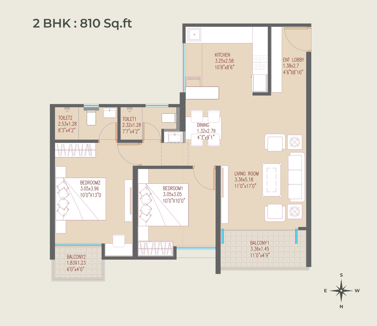 Sonai Clara Unit plan - 810 sq.ft.