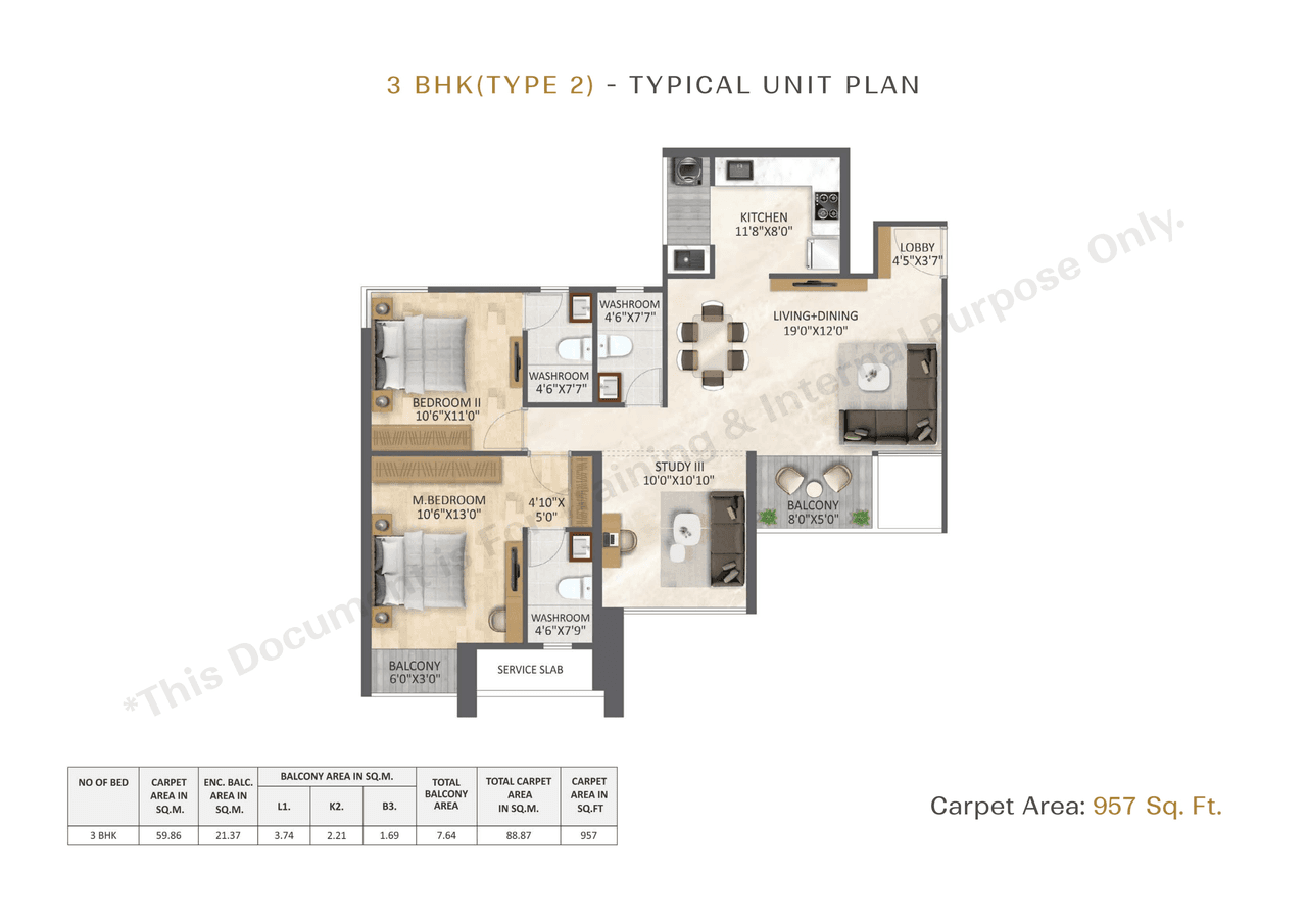 V One Unit plan - 957 sq.ft.