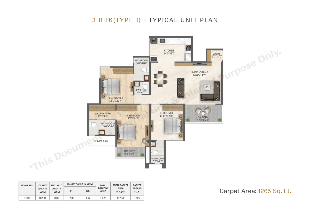 V One Unit plan - 1265 sq.ft.