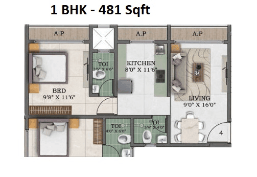 Gladiolus Crown Unit plan - 481 sq.ft.