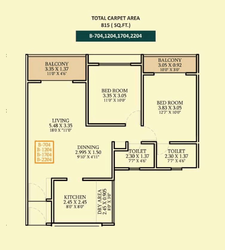 Keys Arihant SkySuites Unit plan - 815 sq.ft.