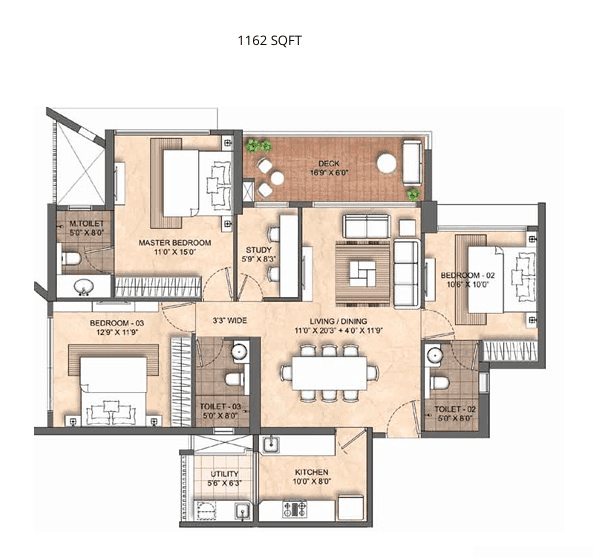 Lodha Bellevue Unit plan - 1162 sq.ft.
