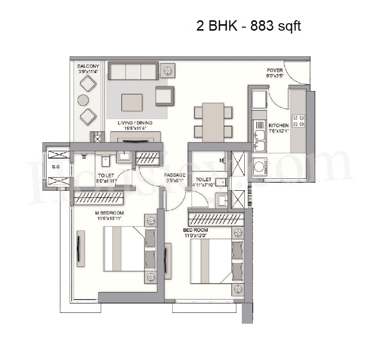 Prestige Jasdan Classic Unit plan - 883 sq.ft.