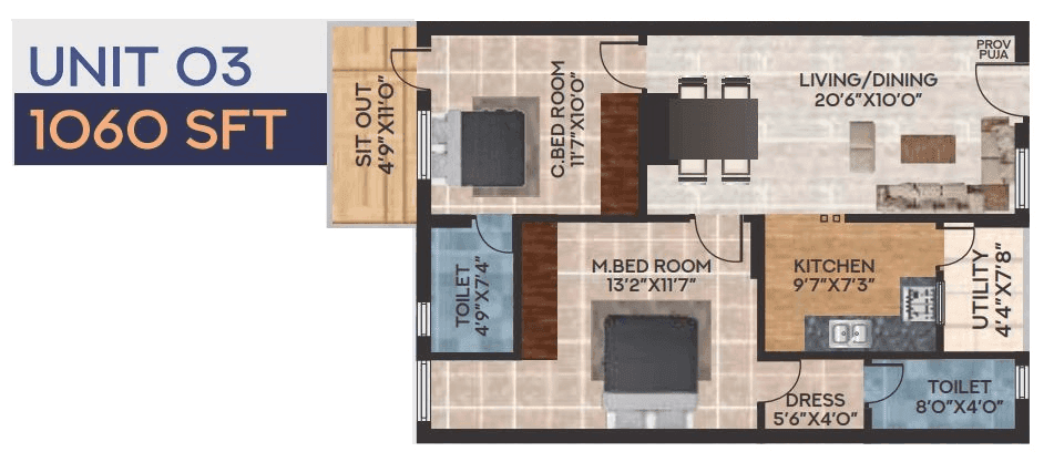 Raja Royal Orchids Unit plan - 742 sq.ft.