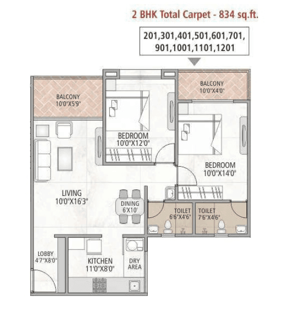 Divine Reves Unit plan - 834 sq.ft.