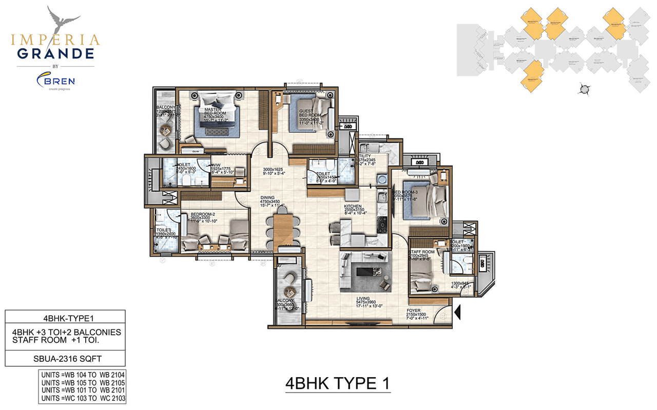 Bren Imperia Grande Unit plan - 1624 sq.ft.