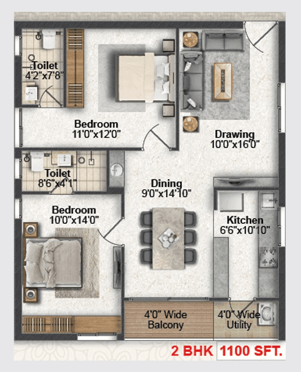 Greater Infra Iris Unit plan - 880 sq.ft.
