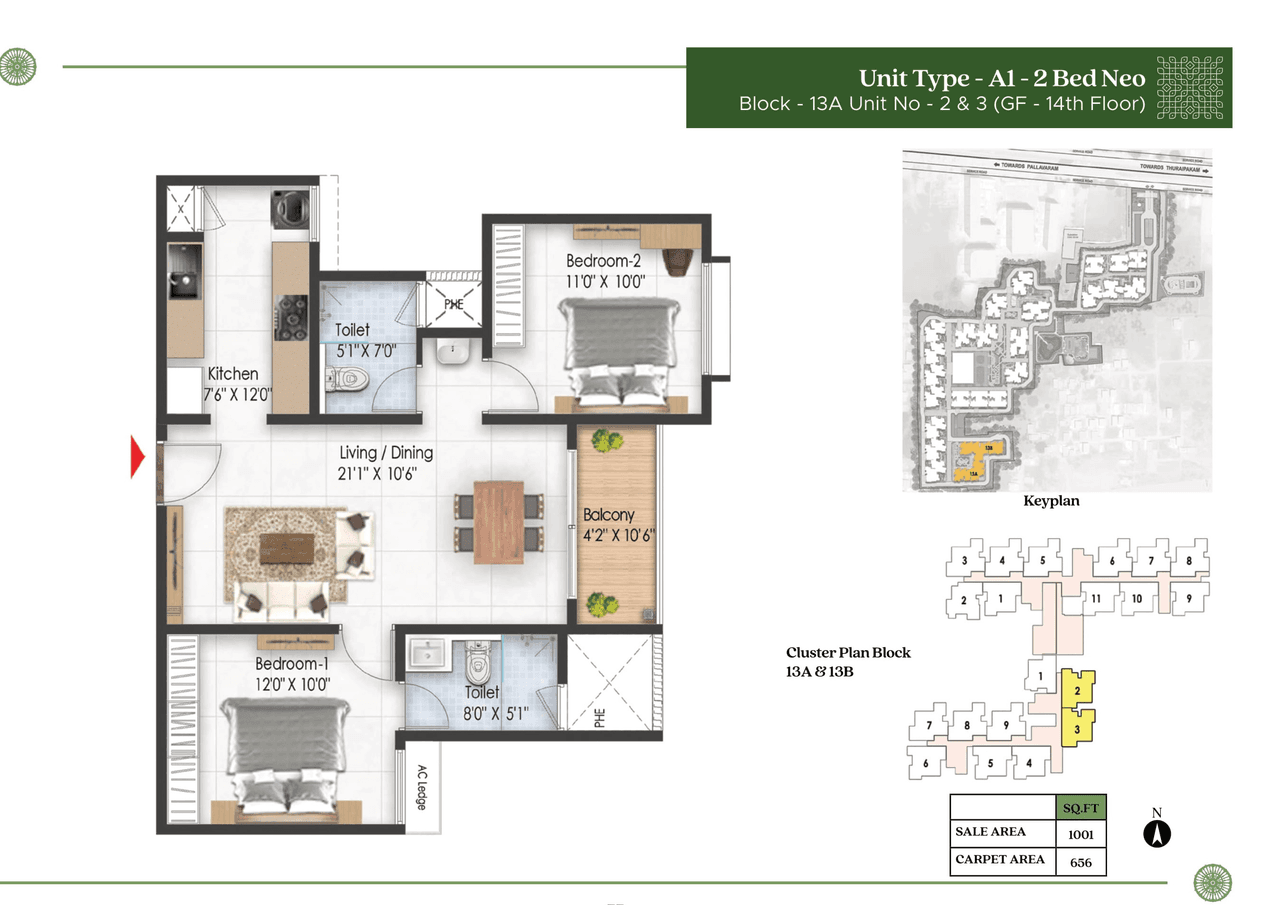 Prestige Pallavaram Gardens Unit plan - 656 sq.ft.
