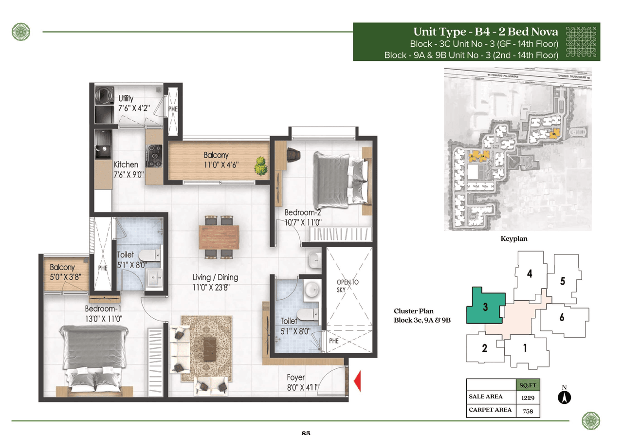 Prestige Pallavaram Gardens Unit plan - 758 sq.ft.