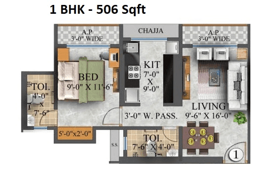 Bhutra Sky Avenue Unit plan - 506 sq.ft.