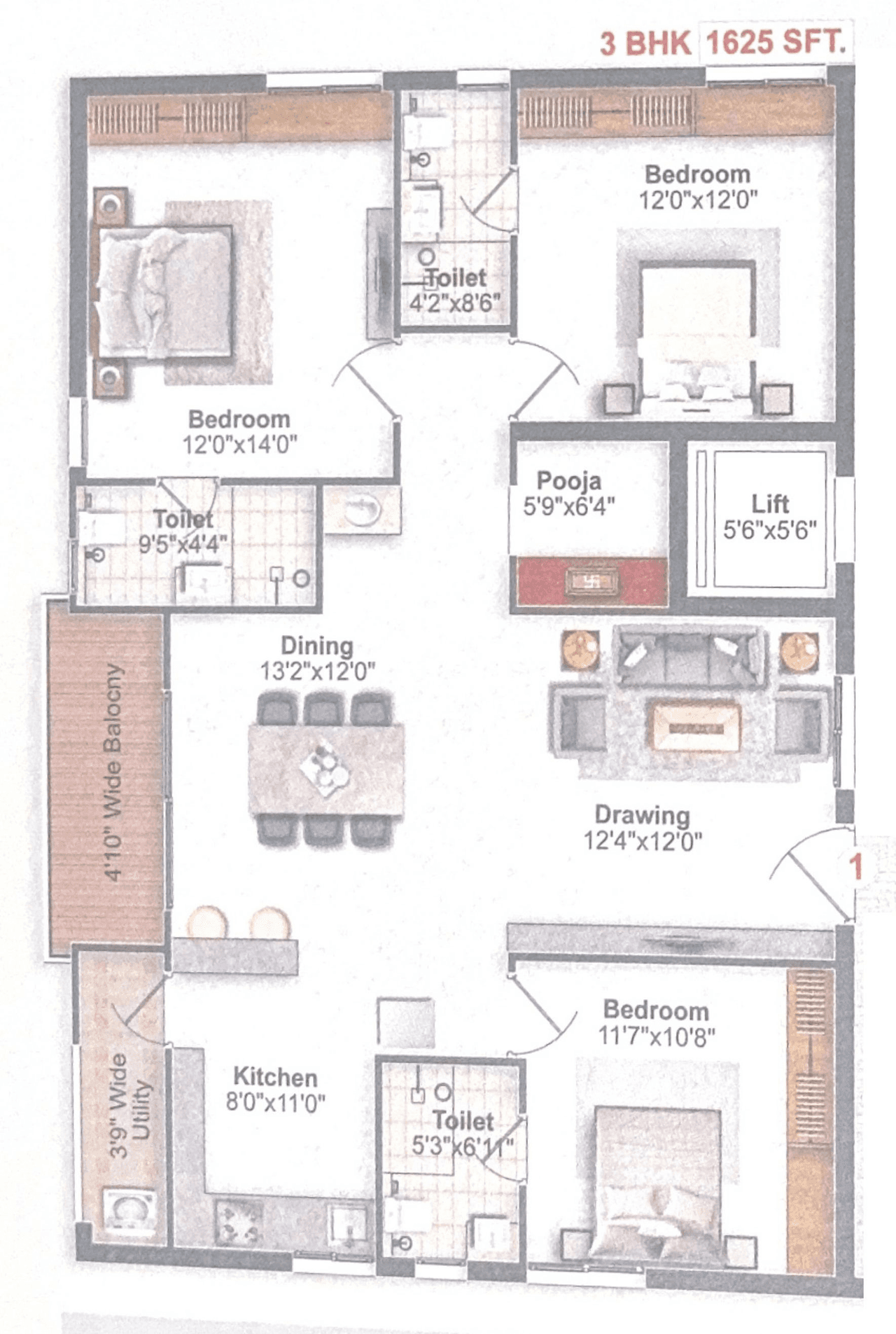 Greater Infra Lilac Unit plan - 1300 sq.ft.