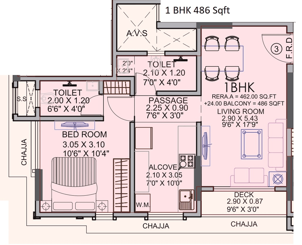 Ampple One Unit plan - 486 sq.ft.