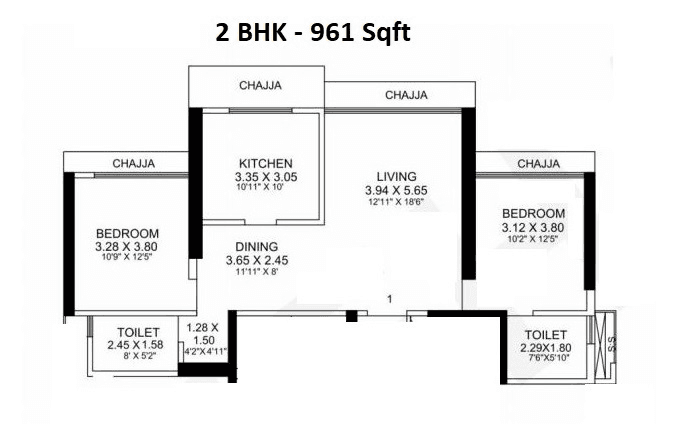 Unit plan - 961 sq.ft.