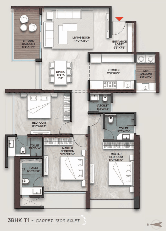 ANP Privado Unit plan - 1309 sq.ft.