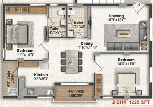 Greater Infra Basil Unit plan - 980 sq.ft.