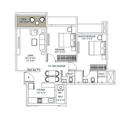 Swaroop Grandeur Unit plan - 690 sq.ft.