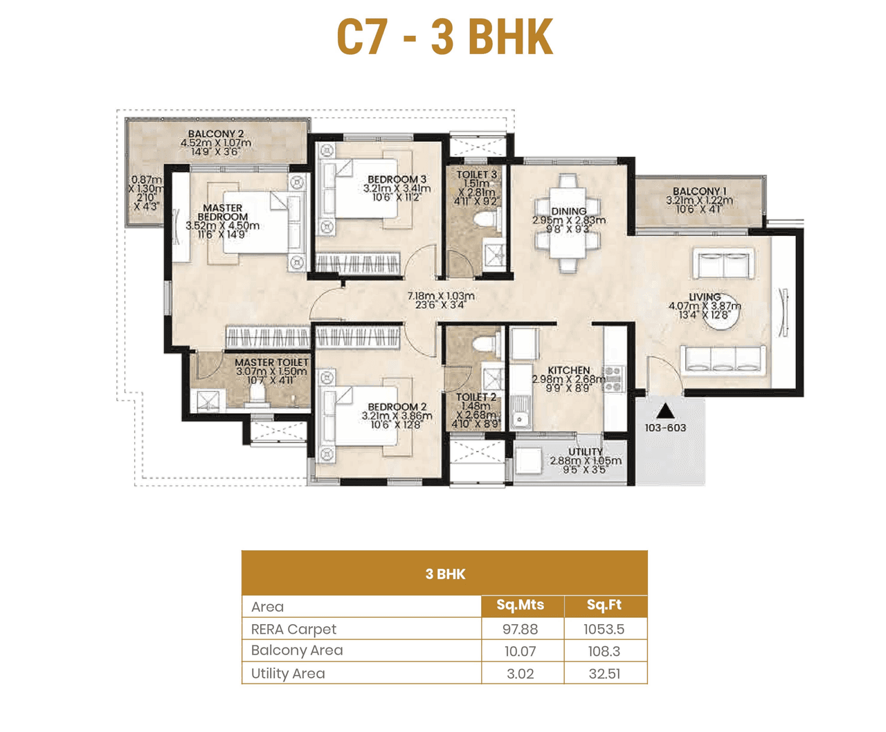 Mahindra Aqua Vista Unit plan - 1053 sq.ft.