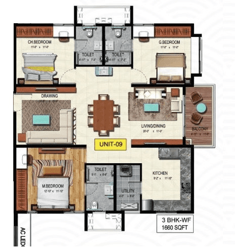 Raghava Wave Unit plan - 1262 sq.ft.