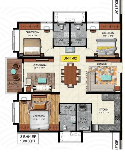 Raghava Wave Unit plan - 1277 sq.ft.