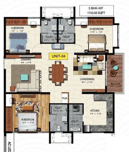 Raghava Wave Unit plan - 1323 sq.ft.