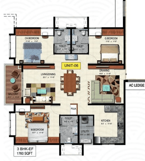 Raghava Wave Unit plan - 1338 sq.ft.