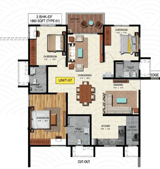 Raghava Wave Unit plan - 1429 sq.ft.
