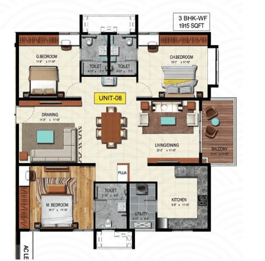 Raghava Wave Unit plan - 1456 sq.ft.