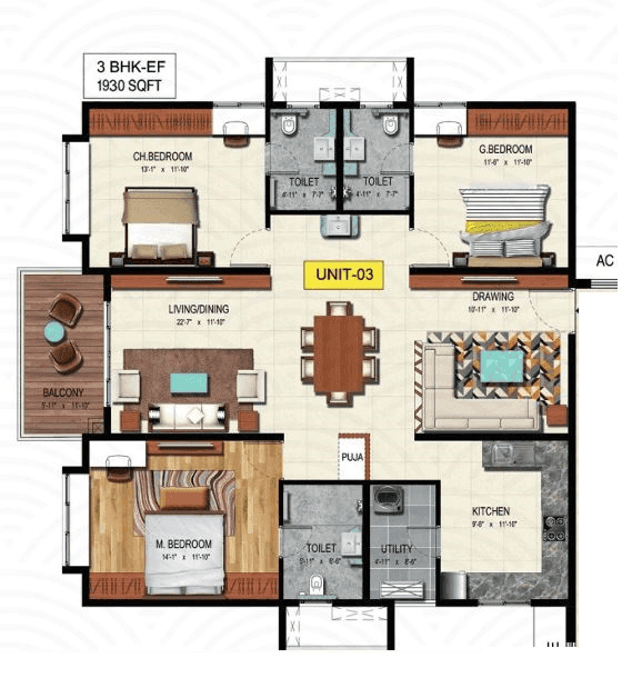 Raghava Wave Unit plan - 1469 sq.ft.
