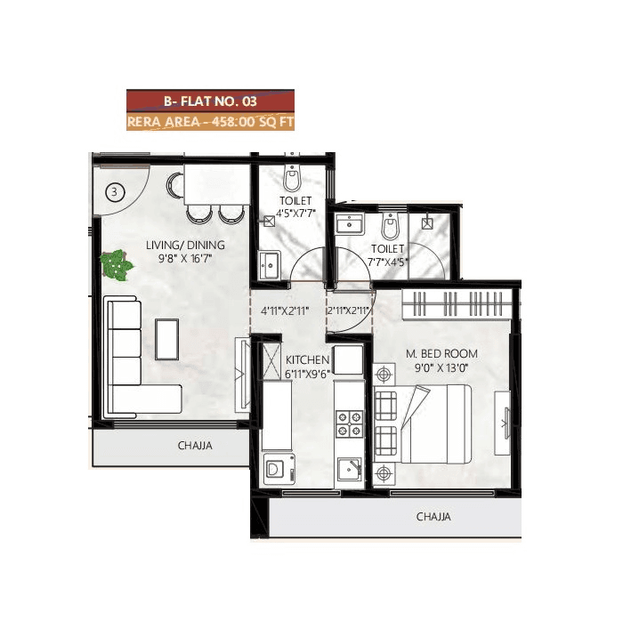 Chandiwala Veera Desai Unit plan - 458 sq.ft.