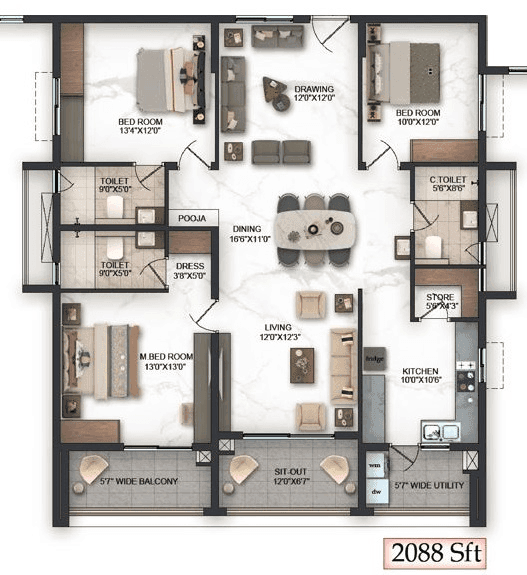 Pavani Felicity Unit plan - 1608 sq.ft.
