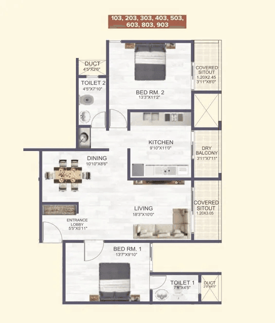 MD Skyrena Homes Unit plan - 947 sq.ft.