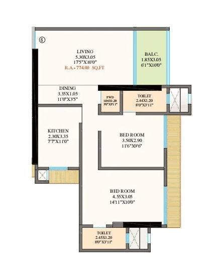 Shree Om Paradise Unit plan - 774 sq.ft.